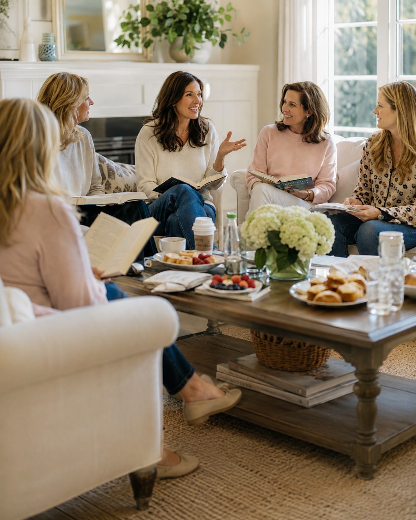 Friends gathered in a living room for book club